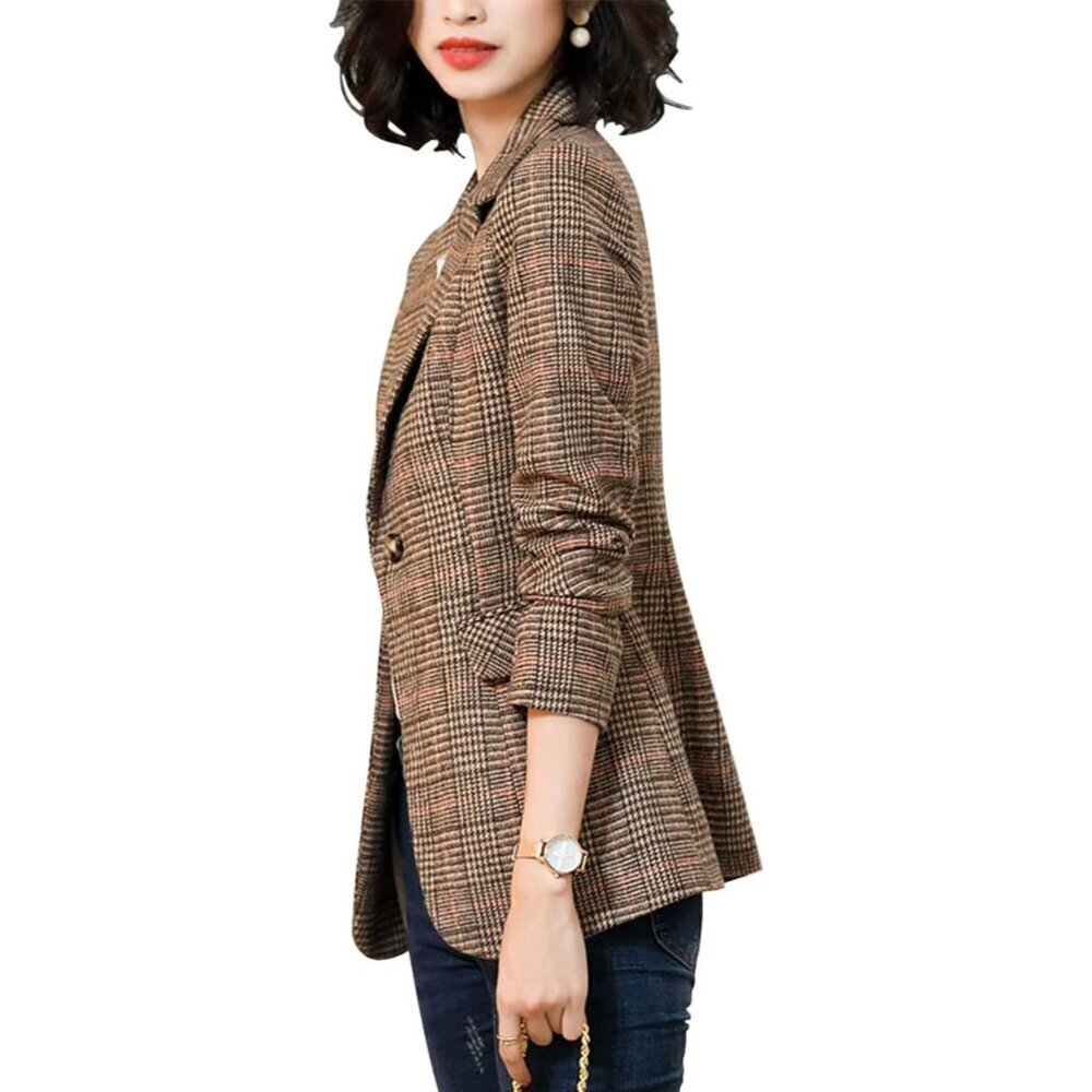 Ebossy Blazer Women Brown Notch Lapel 2Button Suit Houndstooth Plaid Jacket Coat - Picture 2 of 5